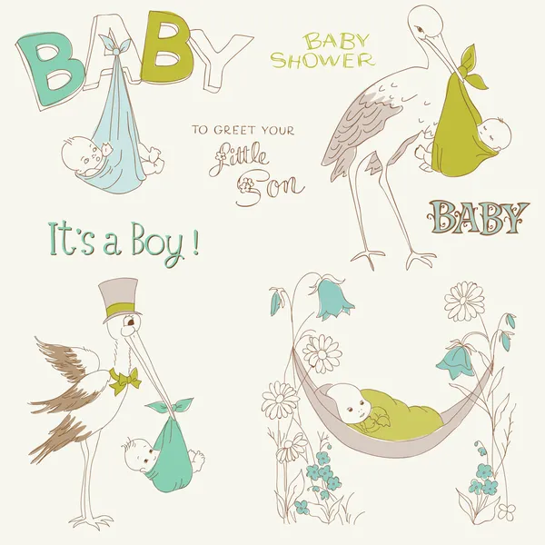 Vintage Baby Boy ducha y llegada Doodles Set-elementos de diseño — Archivo Imágenes Vectoriales