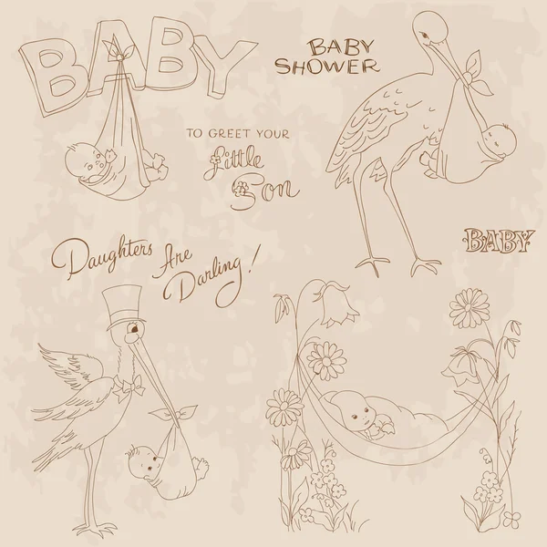 Chuveiro de bebê vintage e doodles de chegada definidos em vetor — Vetor de Stock