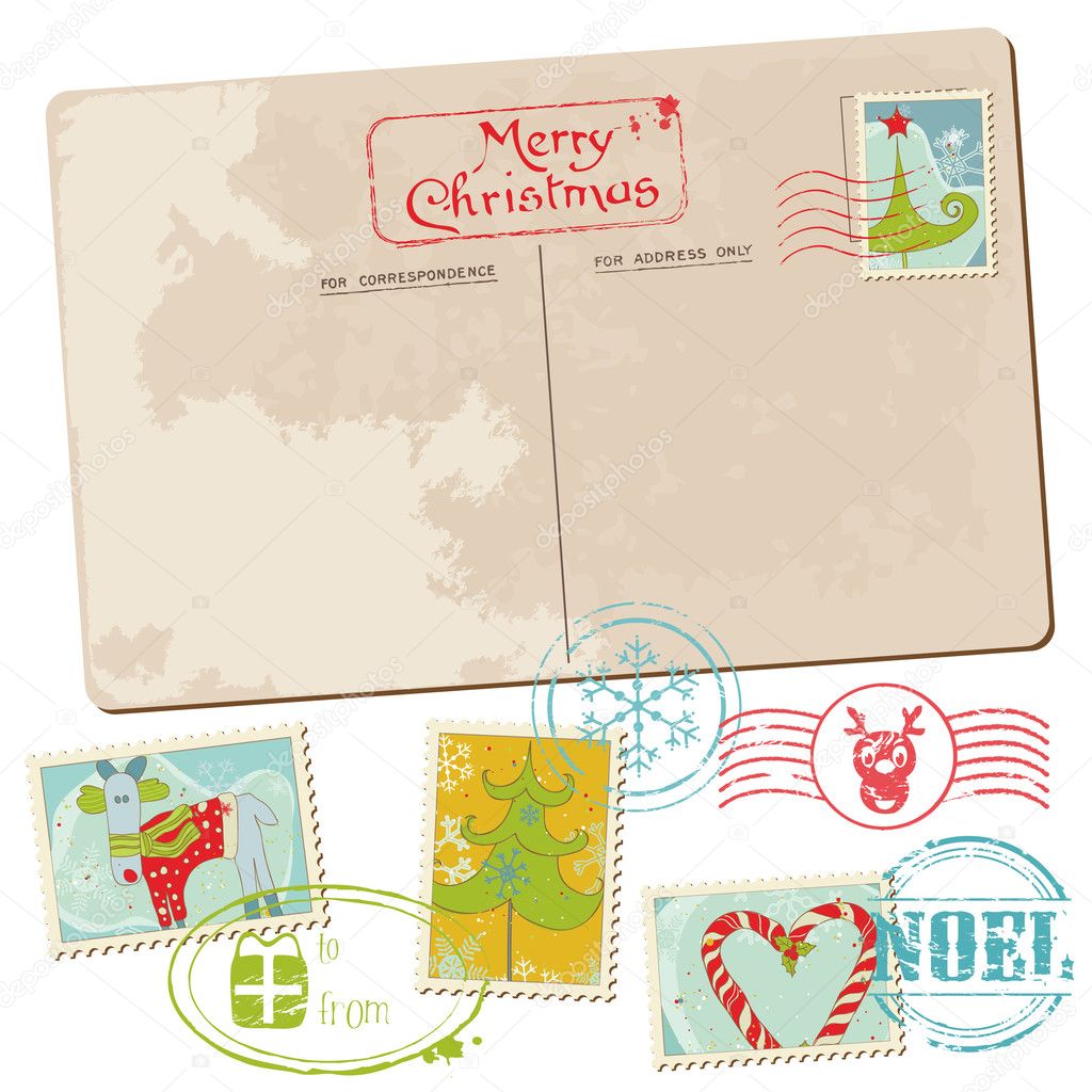 Vintage Christmas Postcard with Stamps - for scrapbook, design