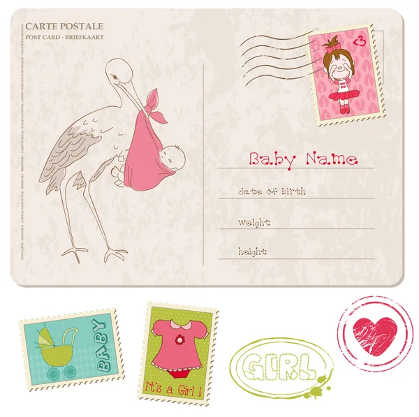 De kaart van de douche van baby meisje met set van postzegels — Stockvector