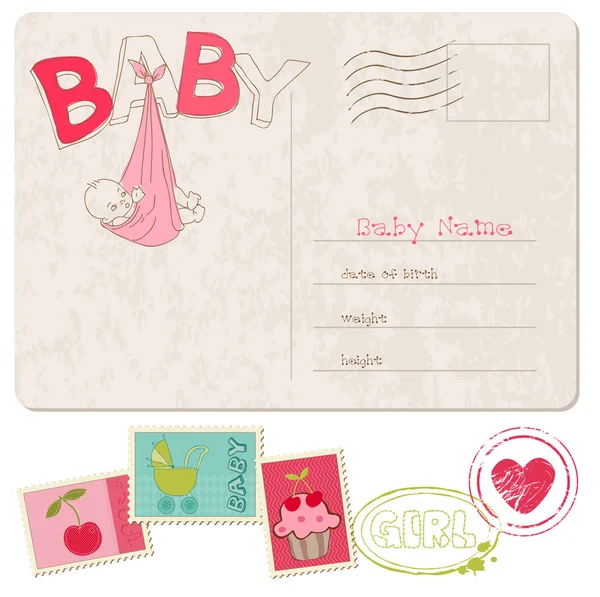 Tarjeta de ducha Baby Girl con conjunto de sellos — Vector de stock