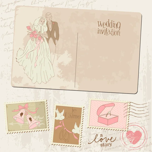 Vintage vykort och frimärken - för bröllop design — Stock vektor
