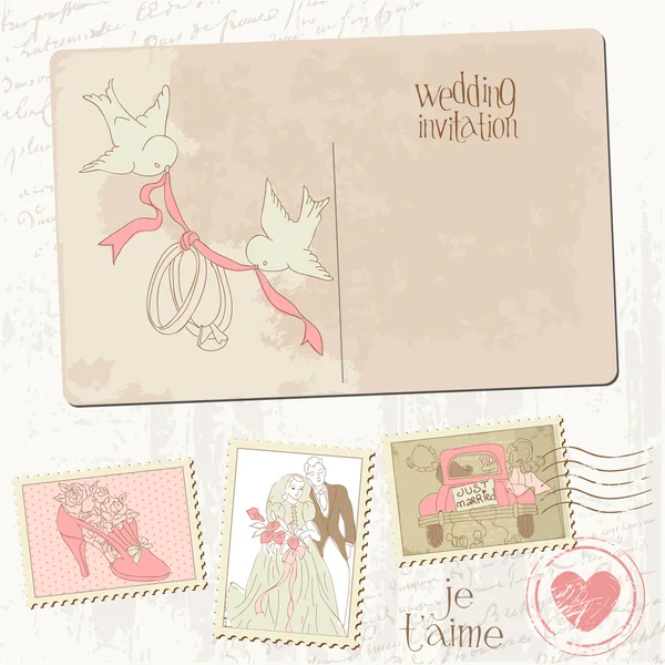 Cartão postal vintage e selos de correio - para design de casamento —  Vetores de Stock