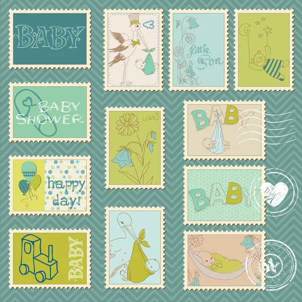 Почтовые марки Baby Boy - прибытие, объявление, поздравление — стоковый вектор