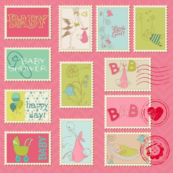 Bebek kız posta pulları - karalama defteri, davet için — Stok Vektör