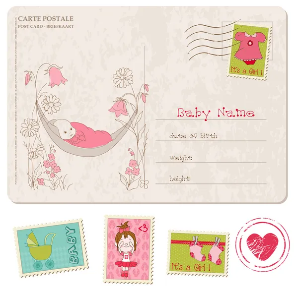 Baby Girl Shower Card with set of stamps — Stock Vector