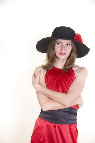 The lady in red dress and hat — Stock Photo, Image
