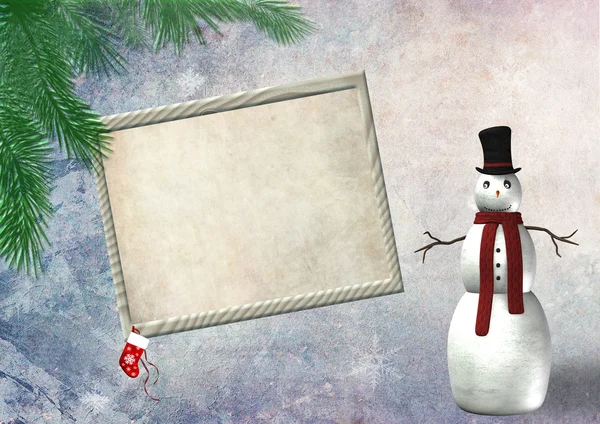 Kerstmis leeg frame met een sneeuwpop — Stockfoto