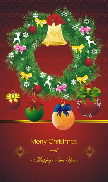 Новогодняя открытка с еловым венком на восточном красном — стоковое фото