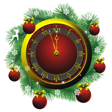 Christmas fir wreath and golden watch clipart