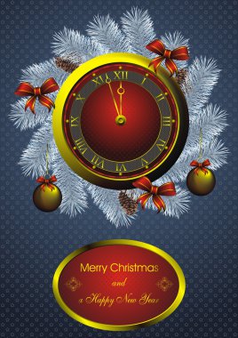 Christmas fir wreath and golden watch clipart