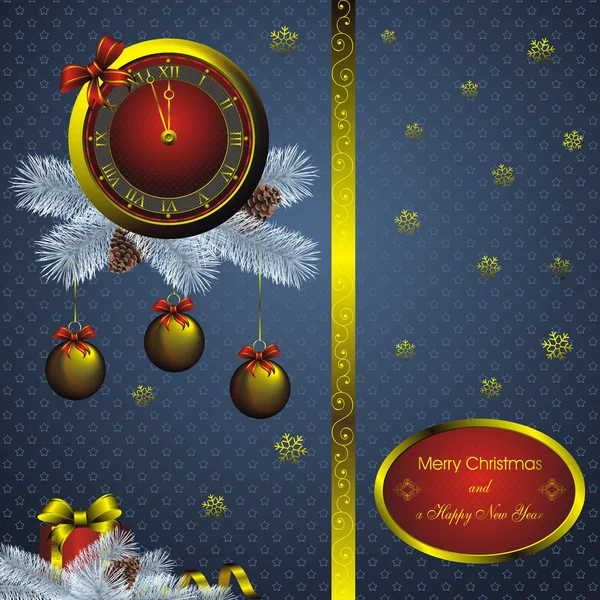 Weihnachtskarte mit goldener Uhr — Stockvektor