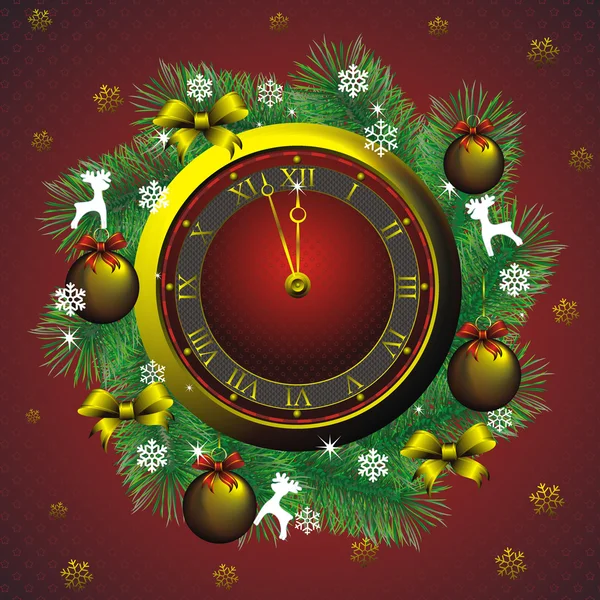 크리스마스 전나무 화 환 및 황금 시계 — 스톡 벡터