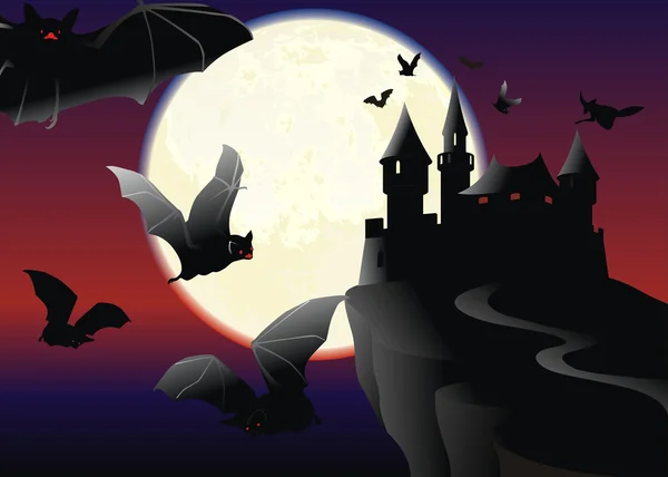 Murciélagos sobre el castillo negro — Vector de stock