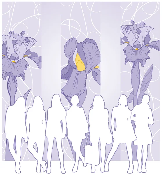 Hembras jóvenes y flor del iris — Vector de stock