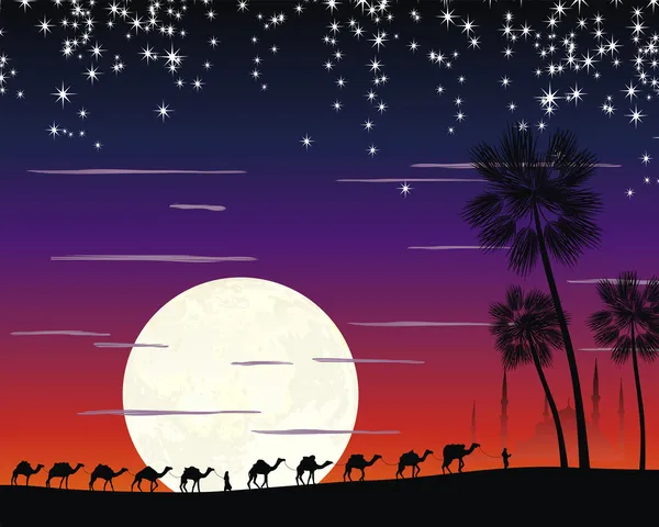 Caravana de camellos en el desierto — Vector de stock