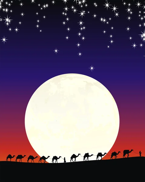 Caravan van kamelen in de woestijn — Stockvector