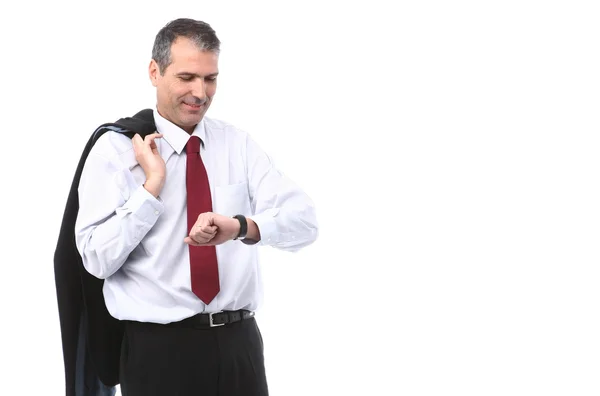 Uomo d'affari che mostra il tempo sul suo orologio isolato su backgrou bianco — Foto Stock