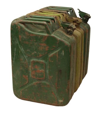 Three old rusty gasoline jerry can isolated on white background clipart