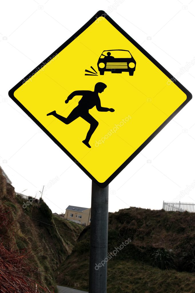 Yellow pedestrian warning sign