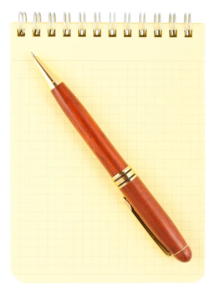 Спиральная тетрадь и деревянная ручка — стоковое фото