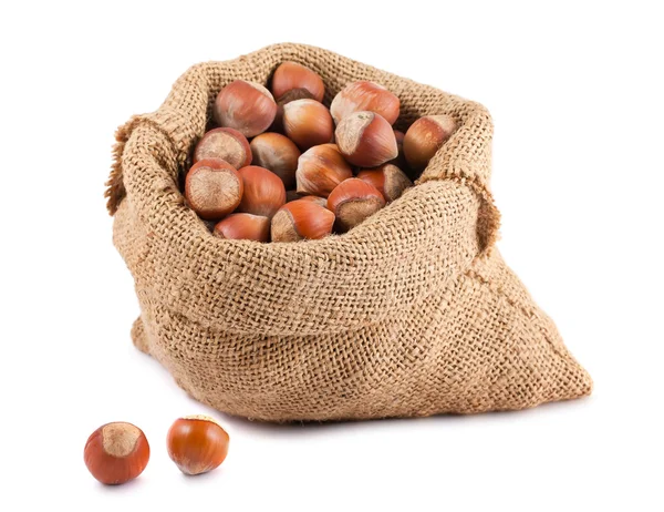 Hazelnuts in canvas sack — Stock Photo, Image