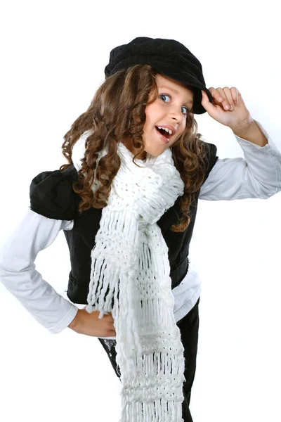 Una piccola bella ragazza è in abiti autunnali, isolata su uno sfondo bianco — Foto Stock