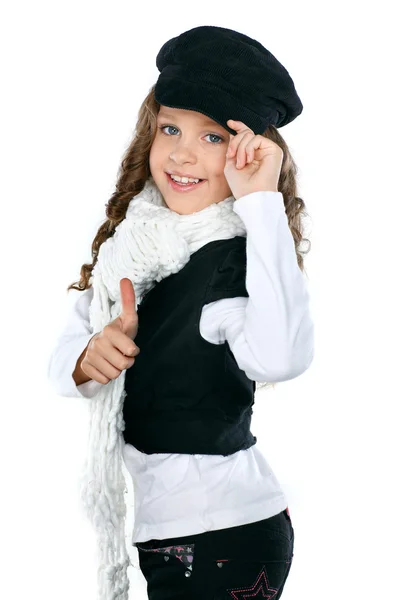 Маленька красива дівчинка в осінньому одязі, ізольована на білому фоні — стокове фото