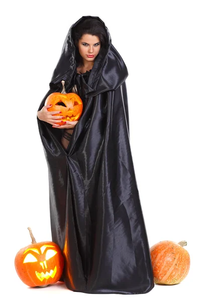 Sexual brunette in the suit of witch in night of Halloween — Stock Photo, Image