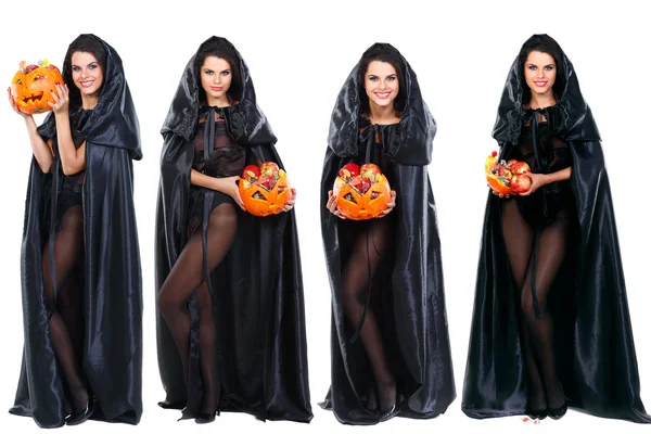 Brune sexuelle en costume de sorcière dans la nuit d'Halloween — Photo