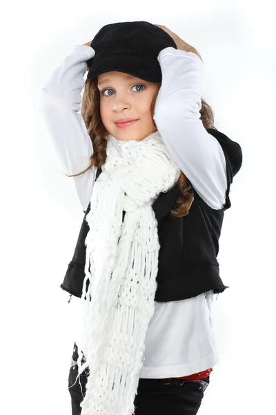 Trochę piękna dziewczyna jest w odzież jesień na białym tle na biały deseń — Zdjęcie stockowe