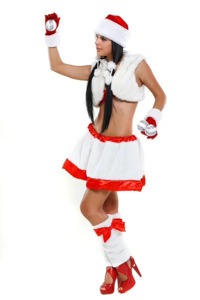 흰색 b에 고립 된 산타 절 의상을 입고 아름 답 고 섹시 한 여자 — 스톡 사진