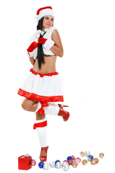 Красивая и сексуальная женщина в костюме Санта-Клауса, изолированном на белом "Б" — стоковое фото
