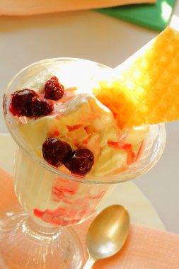 Tasty ice cream with cherries and waffles