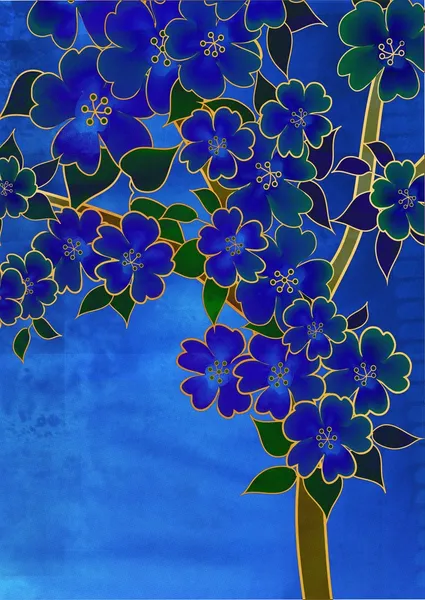 Fantasie blaue Kirschblüte Zeichnung auf blau — Stockfoto