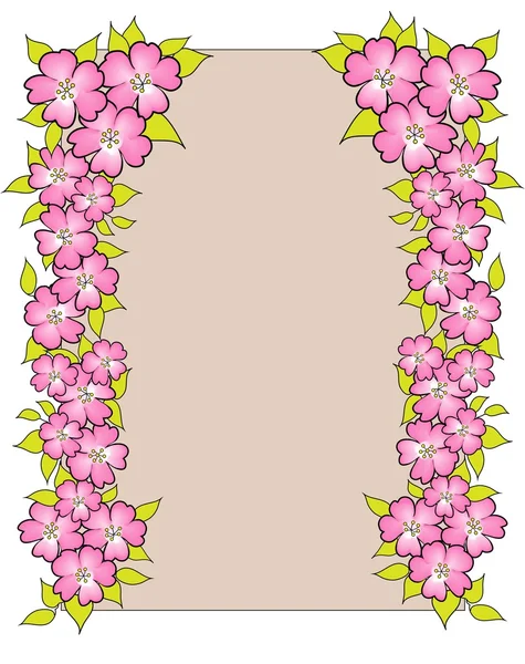 Een frame met cherry-roze bloemen op wit en beige — Stockfoto