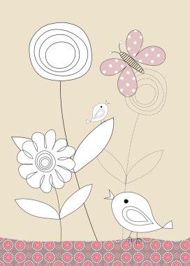 Pretty birds, butterflies and flowers, childrens illustration clipart