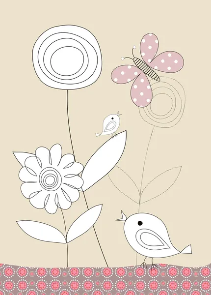 Bonitos pájaros, mariposas y flores, ilustración de niños — Foto de Stock