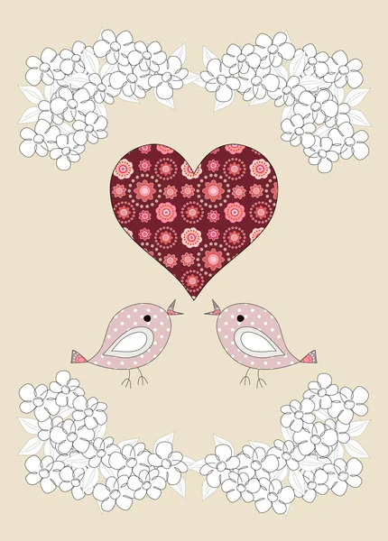 Pretty birds, flowers and a heart, childrens illustration — Stock Photo, Image