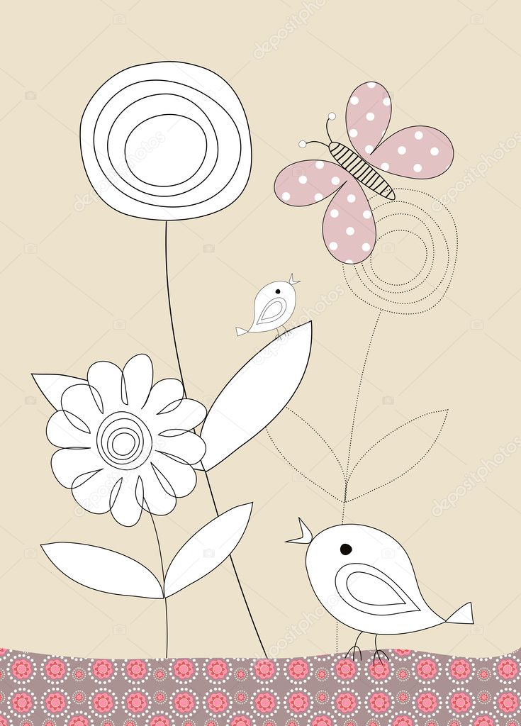 Pretty birds, butterflies and flowers, childrens illustration