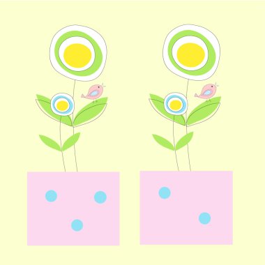 Two pretty pots with flowers and birds clipart