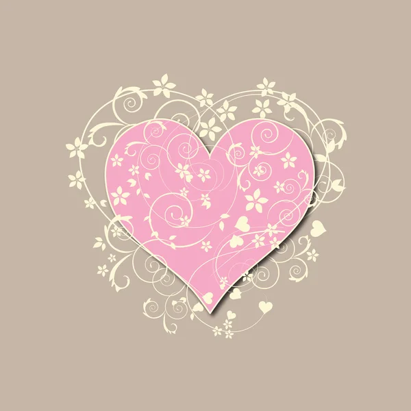 Όμορφη, ρετρό ροζ καρδιά με το στροβιλίζεται και λουλούδια — Διανυσματικό Αρχείο