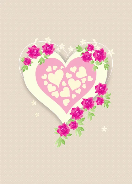 美丽的复古爱情心与粉红玫瑰 — 图库矢量图片