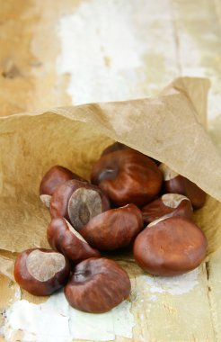 Fresh chestnuts in brown paper bags clipart