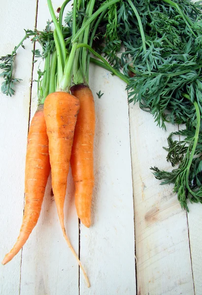 Свіжа органічна морква з зеленим листям на столі — стокове фото