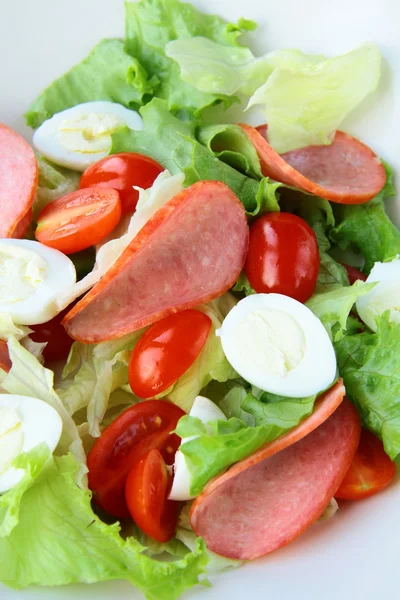 Salad with quail eggs and salami — Stock Photo, Image