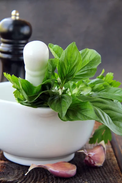 Minomet s bylinkami, česnekem a bazalkou — Stock fotografie