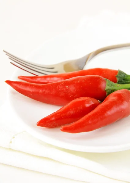Peperoni piccanti su piatto bianco — Foto Stock