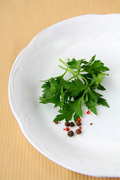 Plates with sprig of parsley - organic menu — Stock Photo, Image