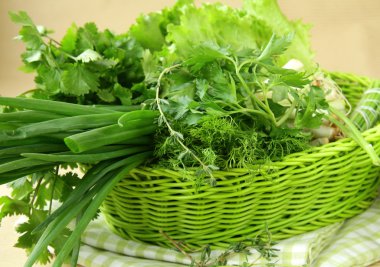 Fresh green grass parsley dill onion herbs mix in a wicker basket clipart